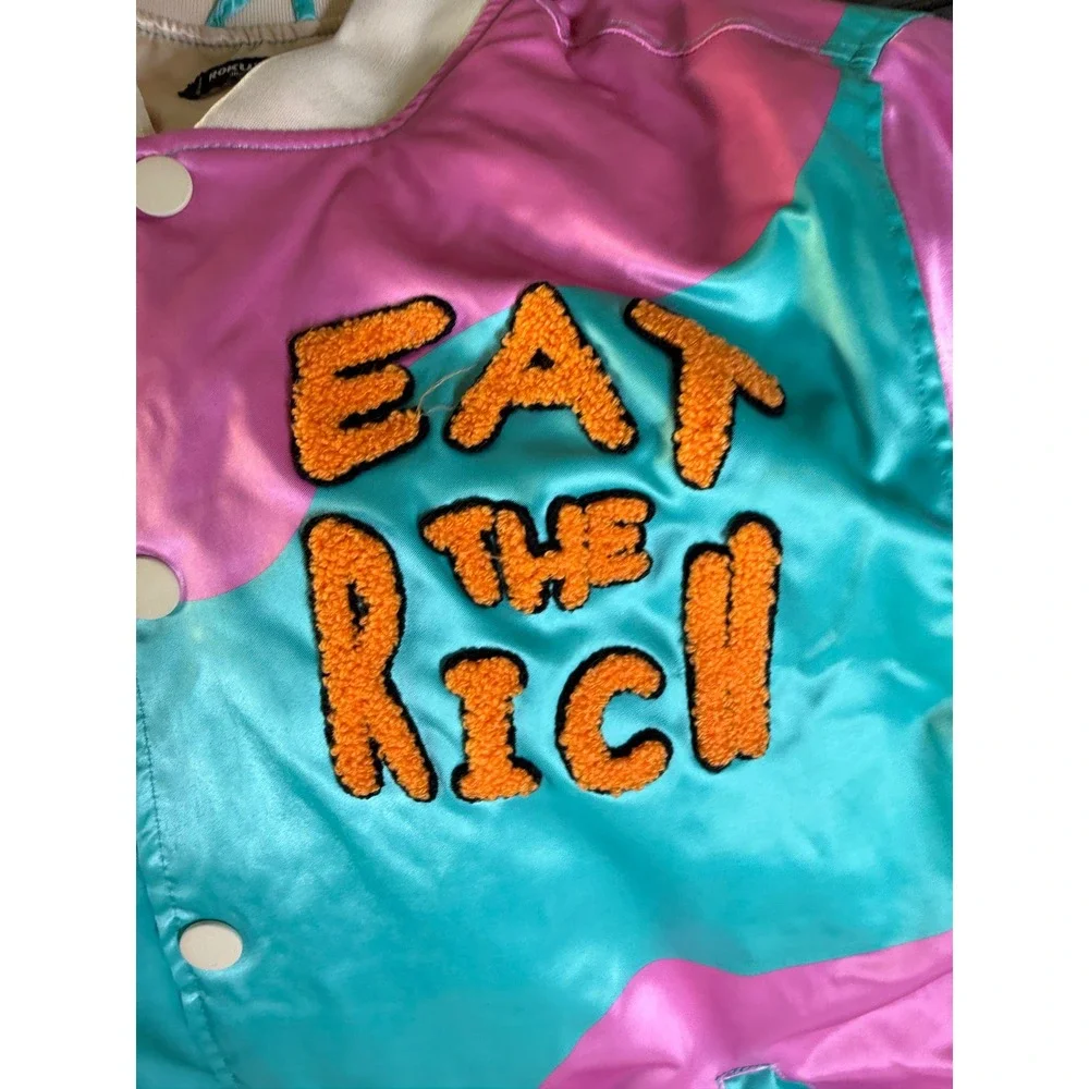 Roku Studio Eat The Rich Satin Varsity Jacket Pink Teal Colorblock Mens Medium